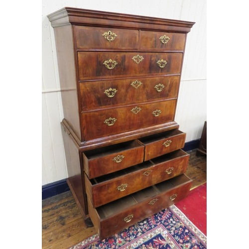 210 - Queen Anne crossbanded walnut & mahogany chest on chest with 2 short & 3 long drawers, base with 2 s... 