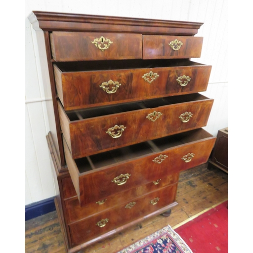 210 - Queen Anne crossbanded walnut & mahogany chest on chest with 2 short & 3 long drawers, base with 2 s... 