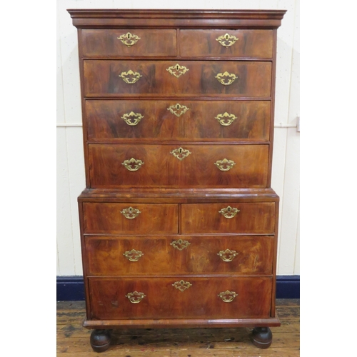 210 - Queen Anne crossbanded walnut & mahogany chest on chest with 2 short & 3 long drawers, base with 2 s... 