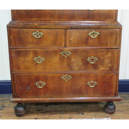 210 - Queen Anne crossbanded walnut & mahogany chest on chest with 2 short & 3 long drawers, base with 2 s... 