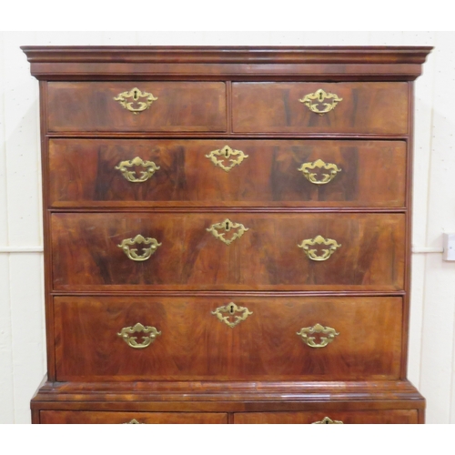 210 - Queen Anne crossbanded walnut & mahogany chest on chest with 2 short & 3 long drawers, base with 2 s... 