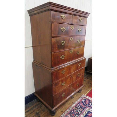 210 - Queen Anne crossbanded walnut & mahogany chest on chest with 2 short & 3 long drawers, base with 2 s... 