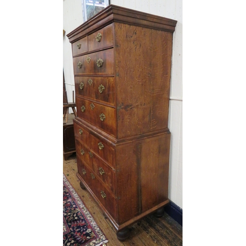 210 - Queen Anne crossbanded walnut & mahogany chest on chest with 2 short & 3 long drawers, base with 2 s... 