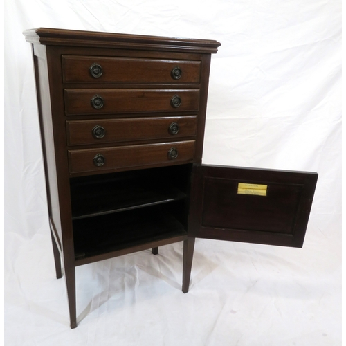 216 - Edwardian mahogany music chest with 3 drawers, having drop-down fronts, press under, on square taper... 