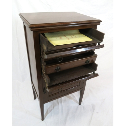 216 - Edwardian mahogany music chest with 3 drawers, having drop-down fronts, press under, on square taper... 