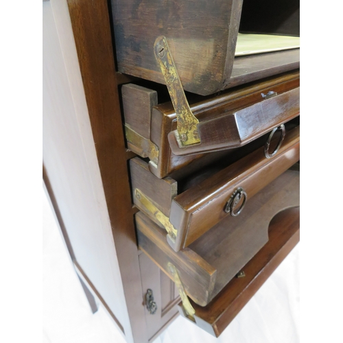 216 - Edwardian mahogany music chest with 3 drawers, having drop-down fronts, press under, on square taper... 