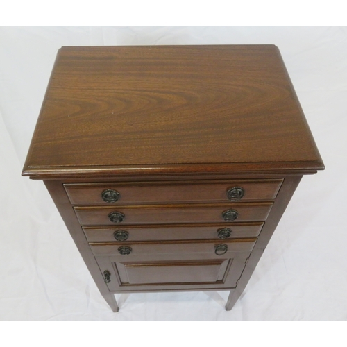 216 - Edwardian mahogany music chest with 3 drawers, having drop-down fronts, press under, on square taper... 