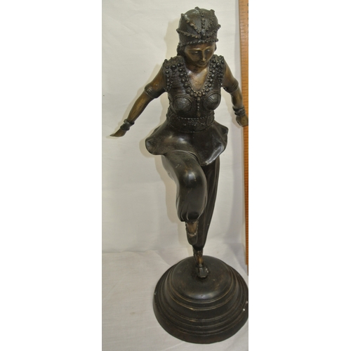 227 - French Art Deco bronzed figure of an Asian dancing girl in costume, on round stepped base