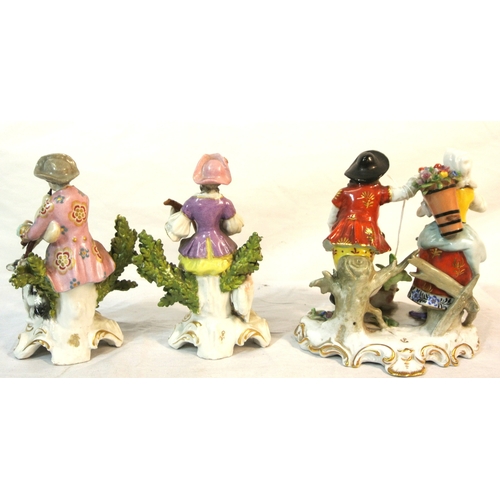 238 - 3 Chelsea figured ornaments, Flower sellers and two musicians, on scroll and gilt decorated bases