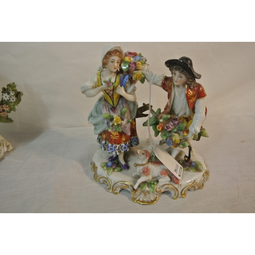 238 - 3 Chelsea figured ornaments, Flower sellers and two musicians, on scroll and gilt decorated bases