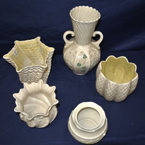 51 - 5 assorted Belleek vases with foliate decoration, in box