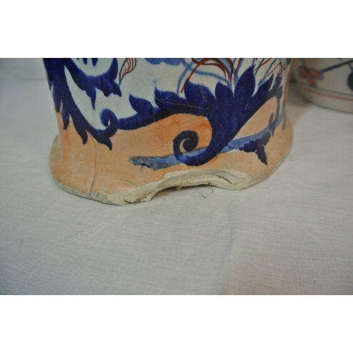 52 - Ironstone vase with burnt ochre and deep blue decoration, and 2 bowls. Damaged base