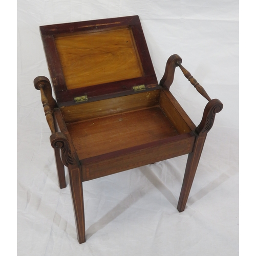 57 - Edwardian style piano stool with upholstered lift-up lid, inlaid tapering legs