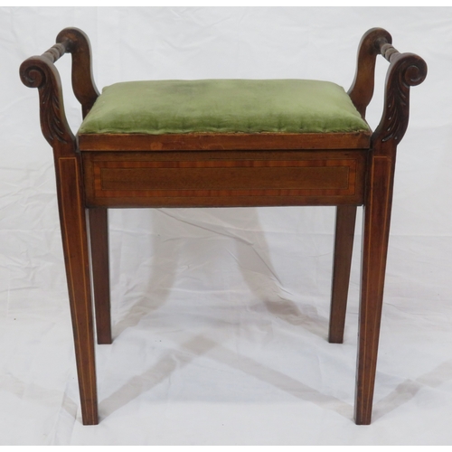 57 - Edwardian style piano stool with upholstered lift-up lid, inlaid tapering legs