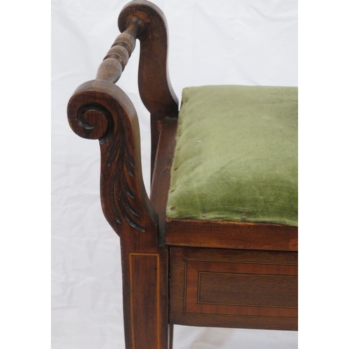 57 - Edwardian style piano stool with upholstered lift-up lid, inlaid tapering legs