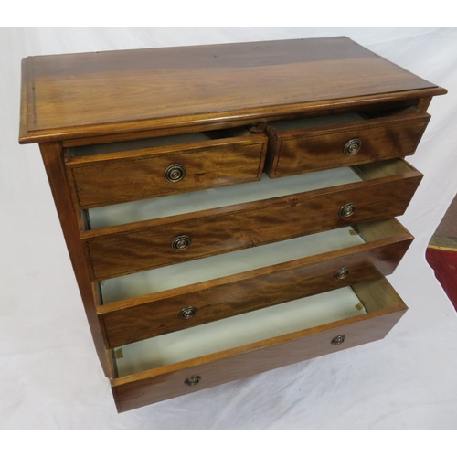 65 - Edwardian style inlaid chest of two short & three long drawers with round brass drop handles, taperi... 