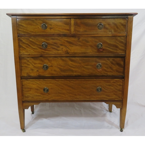 65 - Edwardian style inlaid chest of two short & three long drawers with round brass drop handles, taperi... 