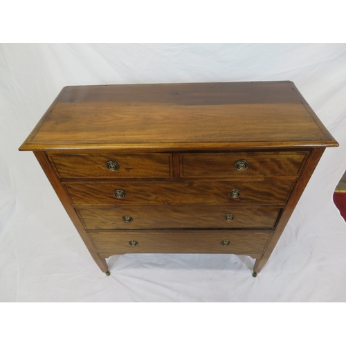 65 - Edwardian style inlaid chest of two short & three long drawers with round brass drop handles, taperi... 