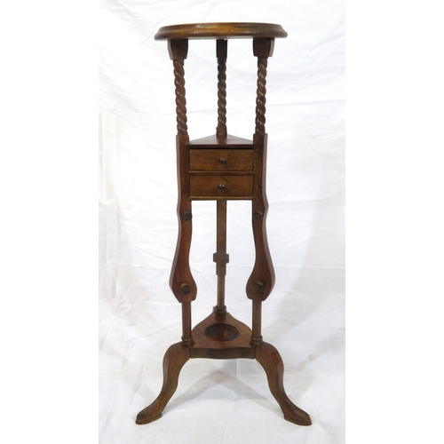 67 - Edwardian mahogany wig stand with round top, two drawers & shaped legs