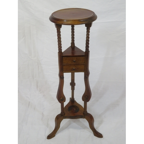 67 - Edwardian mahogany wig stand with round top, two drawers & shaped legs