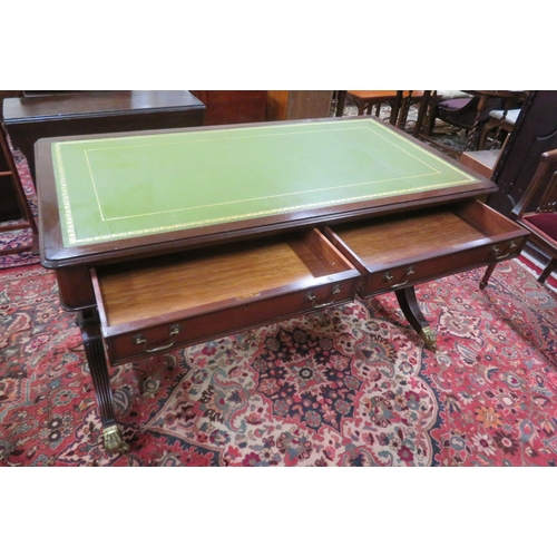 75 - Edwardian design oblong desk with leatherette inset, two drawers with drop handles, shaped columns &... 