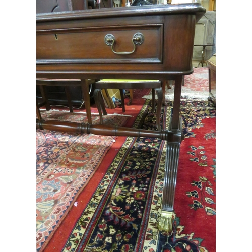 75 - Edwardian design oblong desk with leatherette inset, two drawers with drop handles, shaped columns &... 