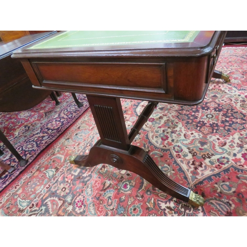 75 - Edwardian design oblong desk with leatherette inset, two drawers with drop handles, shaped columns &... 