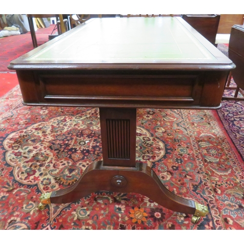 75 - Edwardian design oblong desk with leatherette inset, two drawers with drop handles, shaped columns &... 