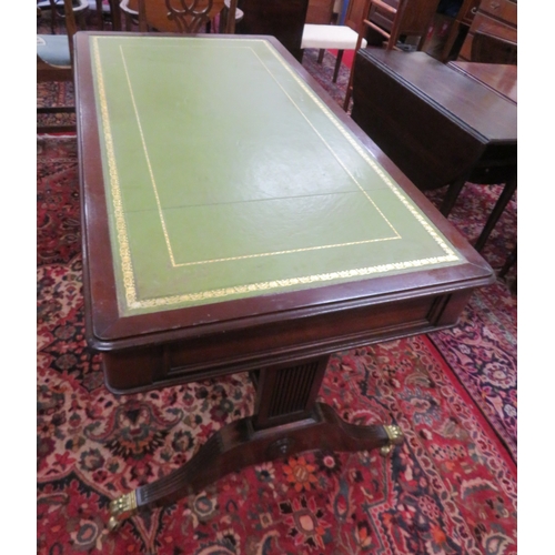 75 - Edwardian design oblong desk with leatherette inset, two drawers with drop handles, shaped columns &... 