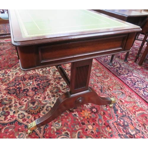 75 - Edwardian design oblong desk with leatherette inset, two drawers with drop handles, shaped columns &... 