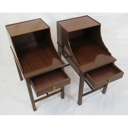 79 - Pair of Edwardian design bedside mahogany bedside tables with open tops, frieze drawers with brass d... 