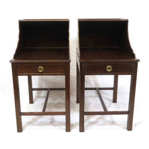 79 - Pair of Edwardian design bedside mahogany bedside tables with open tops, frieze drawers with brass d... 