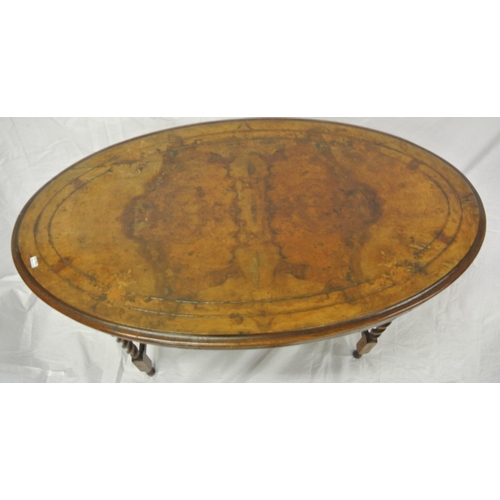 81 - Victorian inlaid walnut oval occasional table with foliate & string inlay, barleytwist columns, & ob... 