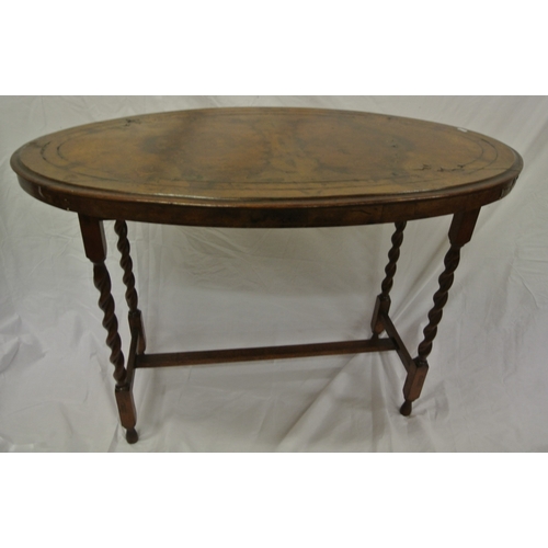 81 - Victorian inlaid walnut oval occasional table with foliate & string inlay, barleytwist columns, & ob... 