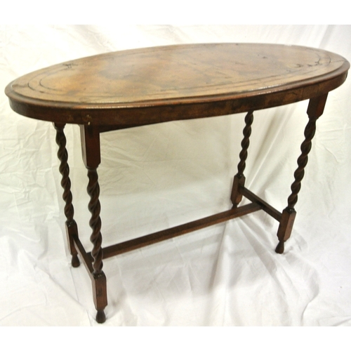 81 - Victorian inlaid walnut oval occasional table with foliate & string inlay, barleytwist columns, & ob... 