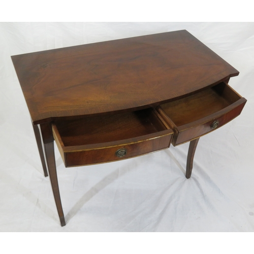 85 - Edwardian design crossbanded bow fronted side or hall table with frieze drawers, drop handles, on sh... 