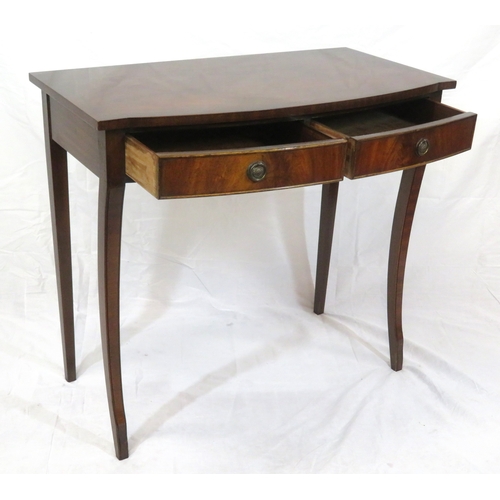 85 - Edwardian design crossbanded bow fronted side or hall table with frieze drawers, drop handles, on sh... 