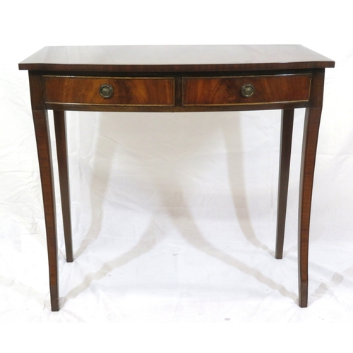 85 - Edwardian design crossbanded bow fronted side or hall table with frieze drawers, drop handles, on sh... 