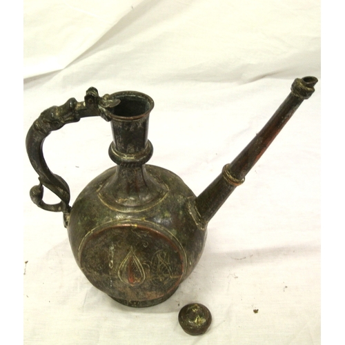 92 - Victorian Indian pewter teapot with shaped handle & spout, & round base