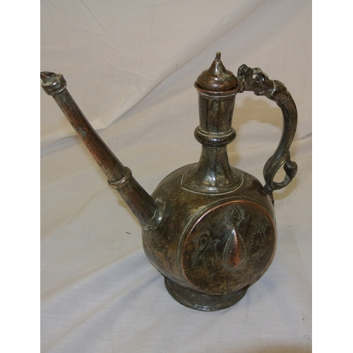 92 - Victorian Indian pewter teapot with shaped handle & spout, & round base