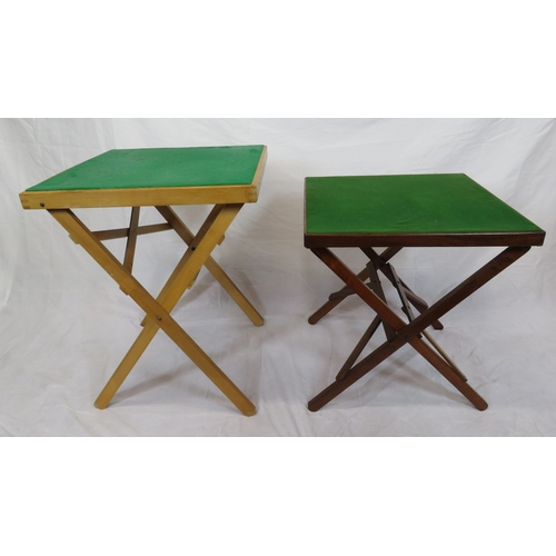 96 - 2 folding bridge tables with baize tops & tapering legs