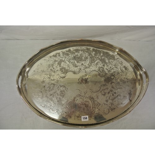 158 - Large oval silverplated serving tray with pierced borders & foliate decoration