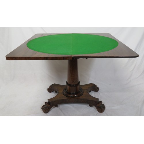 195 - Victorian rosewood card table with swivel fold-over top, rounded borders, baize playing surface, vas... 