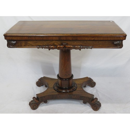 195 - Victorian rosewood card table with swivel fold-over top, rounded borders, baize playing surface, vas... 