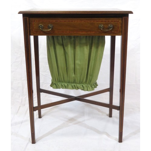 201 - Edwardian inlaid & crossbanded mahogany side or sewing table with frieze drawer, fitted interior, br... 