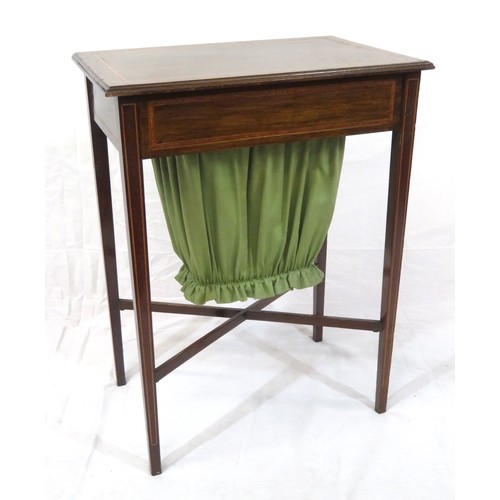 201 - Edwardian inlaid & crossbanded mahogany side or sewing table with frieze drawer, fitted interior, br... 