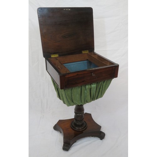 300 - Victorian rosewood sewing table with lift-up lid, fitted interior with material well, on turned shap... 