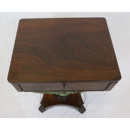 300 - Victorian rosewood sewing table with lift-up lid, fitted interior with material well, on turned shap... 