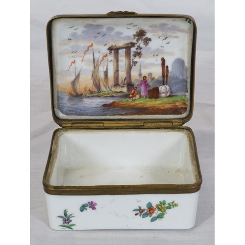 262 - French style porcelain ring box with foliate & scenic decoration & ormolu mounts