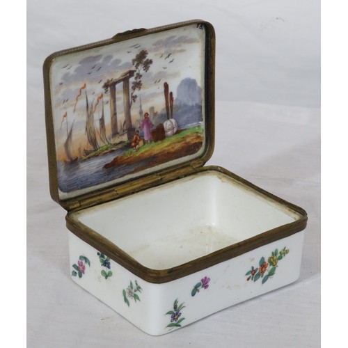 262 - French style porcelain ring box with foliate & scenic decoration & ormolu mounts